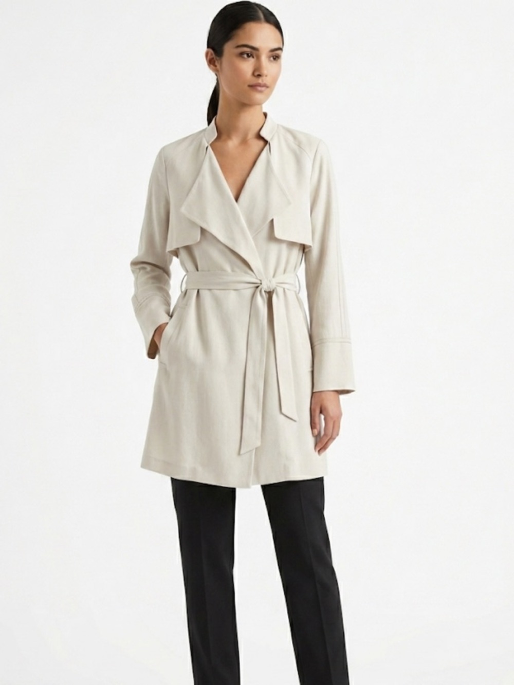 H&M Women’s Beige Trench Coat Long Belted Drape Front Jacket, Lightweight Layer